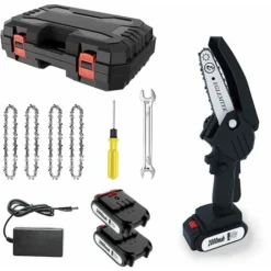 Mini Motosega A Batteria Elettrica Portatile Con 4 Catene, 2 Batterie E Caricatore Moto Sega Ricaricabile Lama 130 Mm Batteria 24V Ideale Potatura Alberi Giardino Giardinaggio Fai Da Te Colore Nero