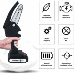 Mini Motosega A Batteria Elettrica Portatile Con 4 Catene, 2 Batterie E Caricatore Moto Sega Ricaricabile Lama 130 Mm Batteria 24V Ideale Potatura Alberi Giardino Giardinaggio Fai Da Te Colore Nero -Husqvarni Negozio 36818201 3