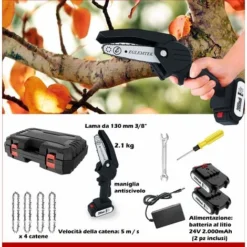 Mini Motosega A Batteria Elettrica Portatile Con 4 Catene, 2 Batterie E Caricatore Moto Sega Ricaricabile Lama 130 Mm Batteria 24V Ideale Potatura Alberi Giardino Giardinaggio Fai Da Te Colore Nero -Husqvarni Negozio 36818201 4