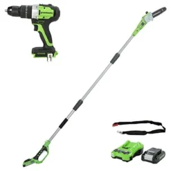 Greenworks Potatore Ad Asta, 24V, 20 Cm Lunghezza Spada, Trapano-giravite Con Batteria 2Ah E Caricabatterie